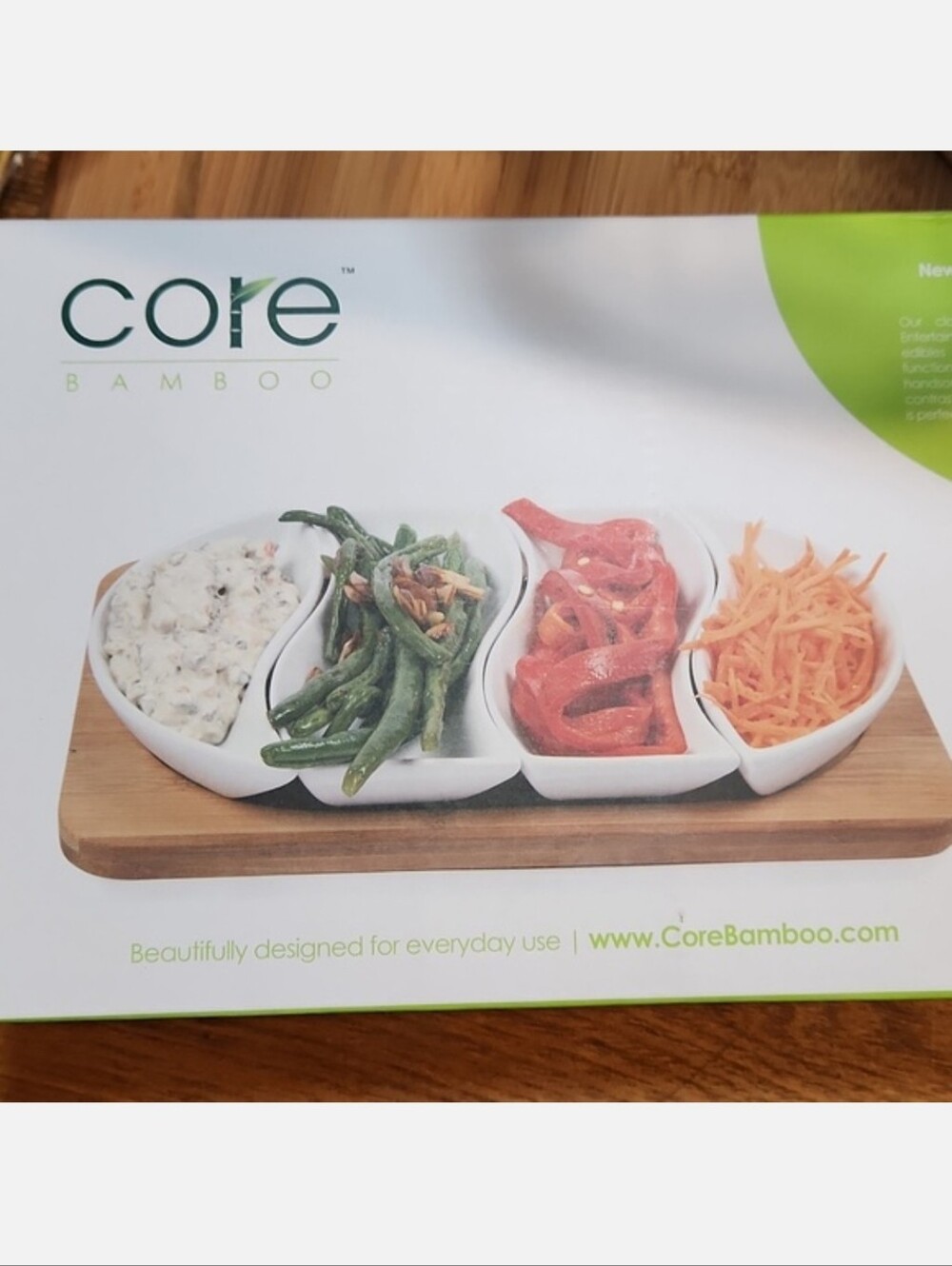 NIB Core Bamboo Wave 4 White Ceramic Bowls & Bamboo Serving Board Set